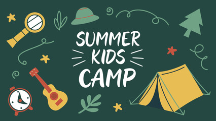 Summer kids camp illustration with tent guitar and magnifying glass on green background © Raheela