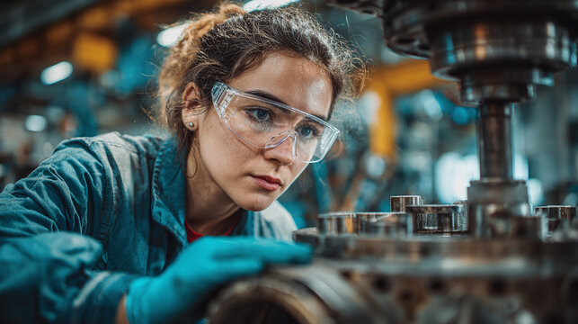 aerospace engineer young woman inspects aircraft part in laboratory wearing protective glasses gloves focused on technical machinery aviation engineering concept