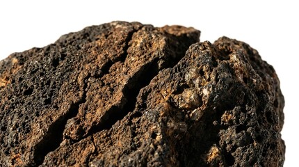 A close-up view of a rough textured rock with a rugged surface
