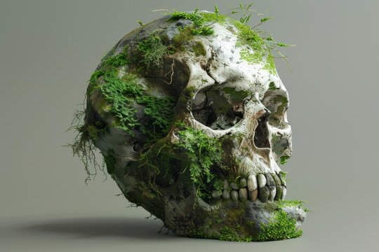 Mossy human skull representing nature reclaiming life, creating a memento mori and vanitas concept