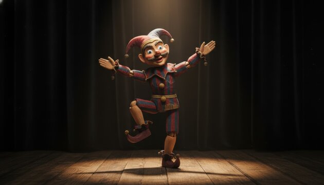 Artistic wooden jester puppet with bells on hat and ankles performing on a dimly lit wooden stage