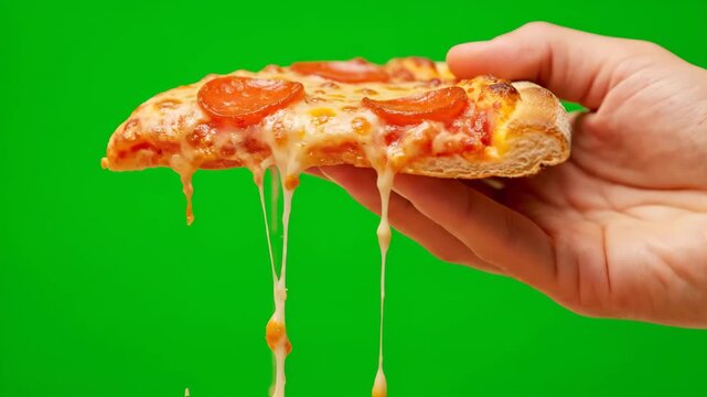 Close-up shot of a hand holding a hot, cheesy pepperoni pizza slice with strings of melted mozzarella against a vibrant green screen, perfect for compositing.