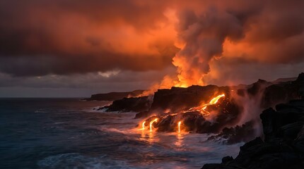 A dramatic volcanic eruption occurs on a rocky coastline at sunset