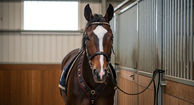 Elegant horse in stable equine portrait with saddle and bridle