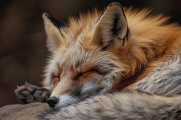 Fototapeta premium Wild red fox resting on a rock, enjoying a peaceful moment in nature