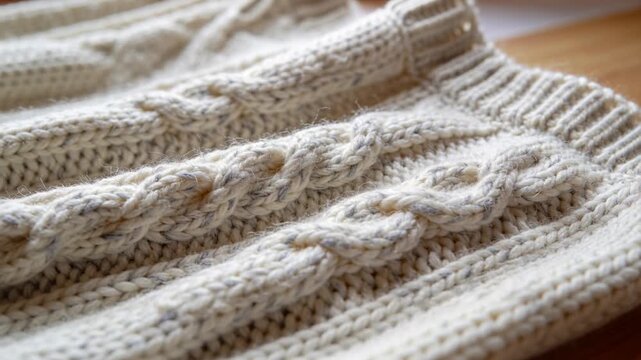 Camera pulling back, showing cream knit sweater on wood table, braided cables, ribbed cuff, light