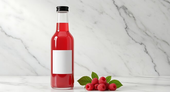 Raspberry juice in glass bottle with fresh raspberries on marble background