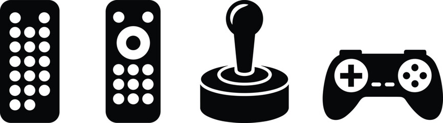 Remote control, joystick and gamepad silhouettes set, black gaming controller and entertainment device icons isolated on white background, simple flat vector illustration © Vector Sifat