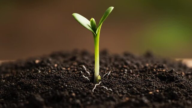 Close-up time-lapse captures the remarkable process of a seed sprouting and developing into a healthy seedling, symbolizing new life and growth.