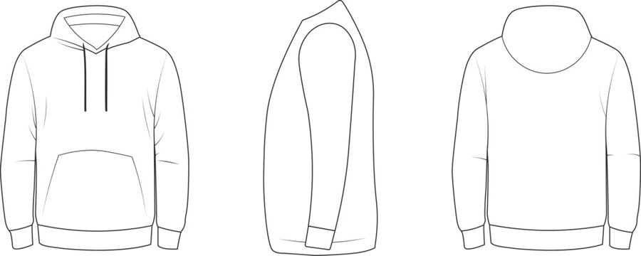 Men hoodie outline template in front, side, and back view. Casual sweatshirt design with drawstring hood and kangaroo pocket detail. Clean line art vector illustration for fashion catalog and retail 