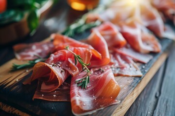 Thin slices of flavorful dry cured ham seasoned with rosemary and spices, served on a rustic wooden board, create an enticing appetizer