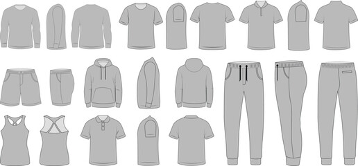 Gray men clothing silhouette collection isolated on light background. Casual and athletic apparel template set for fashion design projects. Clean flat vector illustration for catalog layout and retail