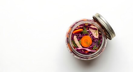 Aerial view of a glass jar filled with colorful pickled vegetables and herbs on a plain surface