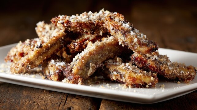 Crispy Fried Bananas Coated in Breadcrumbs on a White Plate with Rustic Wooden Background