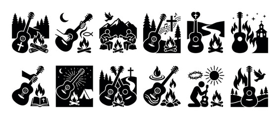 Obraz premium Set of Christian worship icons featuring acoustic guitars, campfires, crosses, nature, and fellowship scenes in a black silhouette style isolated on a white background