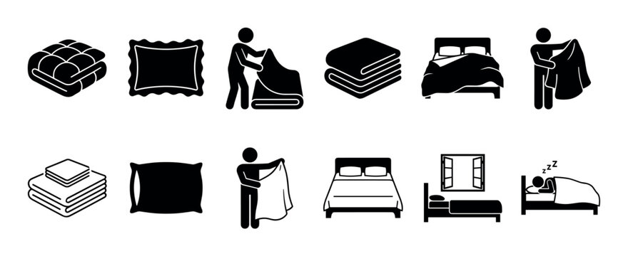 Set of black bedding and sleeping icons showing folded blankets, pillows, beds, and stick figures making the bed and sleeping, isolated on a white background