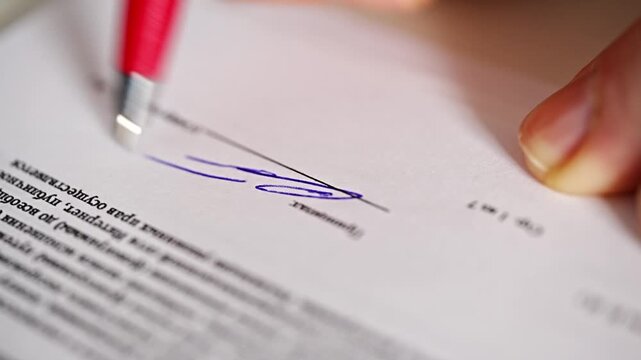 Signing a contract with a pen on paper in a quiet office