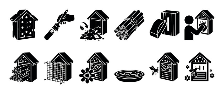 Insect hotel and bee house construction icons showing building, filling, and maintenance steps for garden biodiversity and pollinator conservation, isolated on a white background