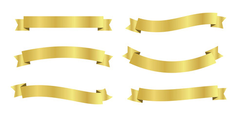 Golden ribbon banner set. Curved metallic luxury ribbon collection. Elegant decorative design elements for labels, badges, branding and invitations