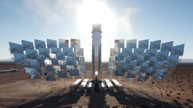 Concentrated solar power plant in desert. Heliostats reflect sunlight onto central tower for clean energy.