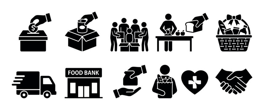 Set of black charity and donation icons representing food banks, volunteering, community help, and humanitarian aid, isolated on a white background