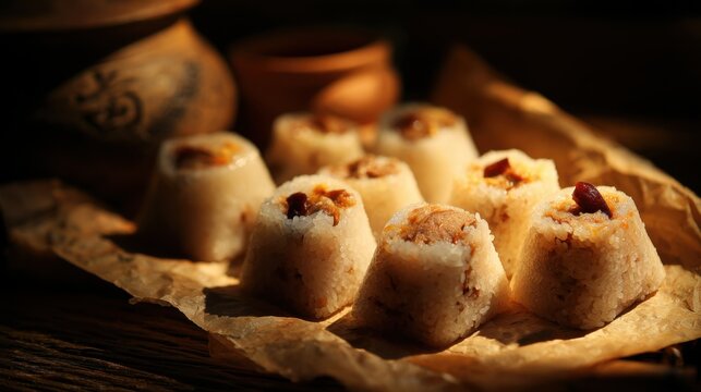 Fluffy Steamed Rice Cakes Called Lemper Filled with Savory Ingredients, Presented on Rustic Paper