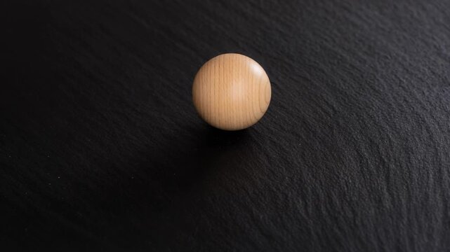 Rolling after frame shift, wooden sphere shifting clockwise across slate table, revealing grain