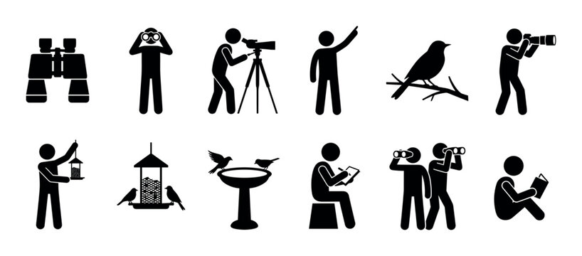 Black birding pictogram set showing people with binoculars, cameras, and feeders observing wildlife in a minimalist stick figure style, isolated on white