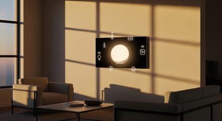 A modern living room with smart home technology and warm sunlight