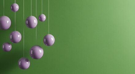 Fototapeta premium Purple spheres hanging from strings on green background for design and decoration ideas