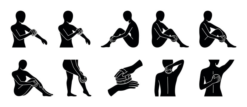 Black silhouette icons illustrating a dry body brushing self-massage technique for a wellness and skincare routine, showing different body parts like arms, legs, and back, isolated on white