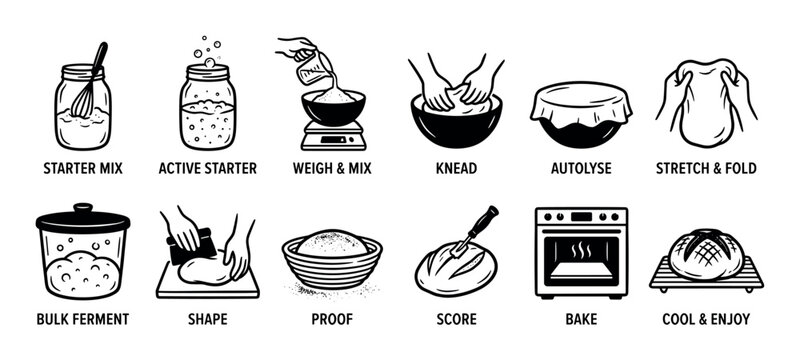 Sourdough bread making process icon set shows steps from starter to finished loaf, including mixing, kneading, fermenting, and baking in a simple black and white line art style
