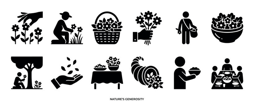 Black and white glyph icon set illustrating nature's generosity with symbols of gardening, harvesting, sharing food, and abundance, presented in a clean minimalist style isolated on white