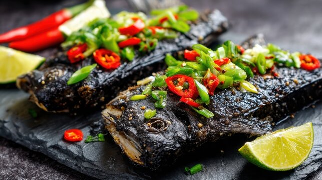Spicy Ikan Bakar Sambal Matah Grilled Fish Topped With Fresh Chili and Herbs