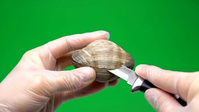 Detailed shot of hands in gloves shucking a raw clam with a knife. Ideal for food preparation, cooking, or seafood concepts.