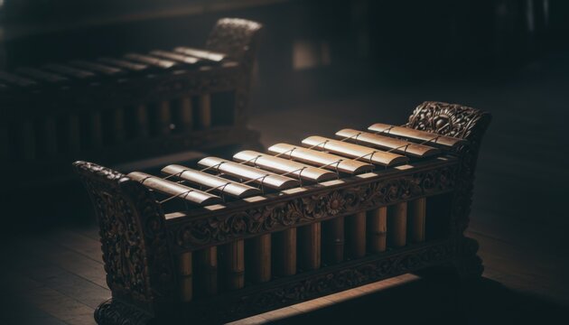 Intricate Gamelan Slenthem Metallophone Crafted From Bronze, a Traditional Indonesian Musical Instrument