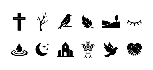Fototapeta premium Set of diverse black silhouette icons representing nature, religion, and peace, including a cross, bird, leaf, church, dove, and handshake, isolated on a clean white background