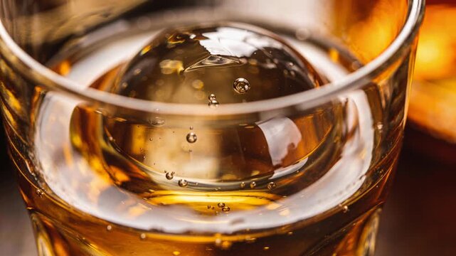 Filming tumbler glass warmth causing ice ball melting and bubbles rising on bar with amber liquid