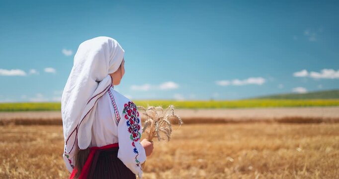 Girl in traditional ethnic folklore costume with Bulgarian embroidery standing on a harvest golden wheat field