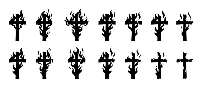 Set of black burning cross silhouettes with stylized flames, a collection of graphic icons representing religious conflict, heresy, or destruction, isolated on a white background