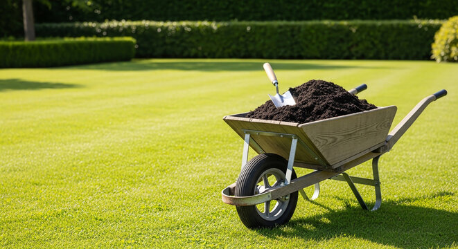 Garden wheelbarrow filled with soil positioned on the right with clean yard background and empty space on the left for text, concept of outdoor gardening  