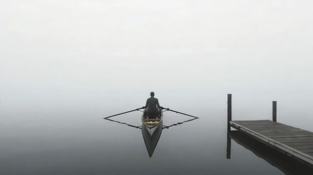 Rowing sculler wearing dark jacket starting strokes, pulling oars toward camera foggy lake dock