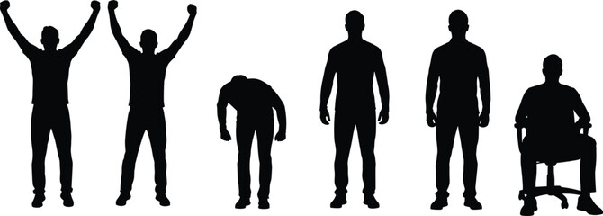 Set of black silhouettes showing diverse human body language including success celebration, bowing in respect, standing confident, and sitting in office chair. © KHADIJA