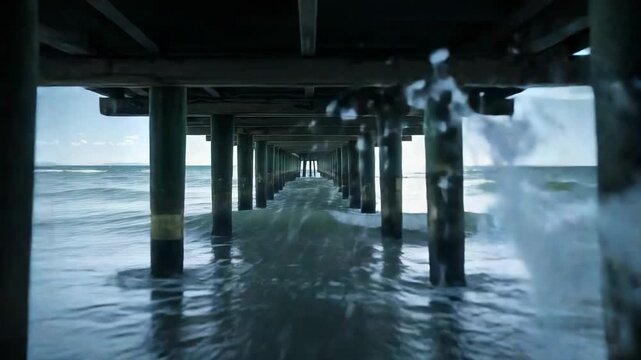 Tide-driven waves crashing under long pier, hitting vertical pilings and spraying foamy water