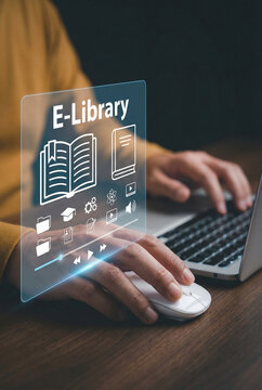 Person uses a laptop and mouse, accessing a virtual "e-library" interface with book icons.