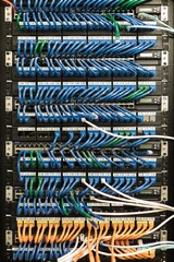 Intricate network patch panel displays numerous densely connected blue and orange ethernet cables