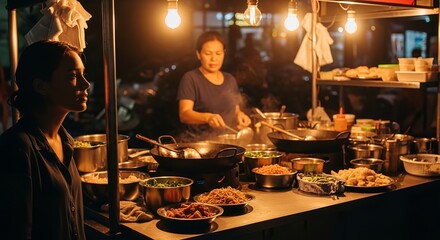 A woman stands behind a street food stall at night with various dishes