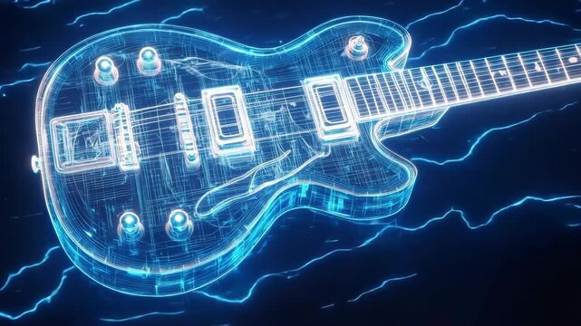 Dynamic electric guitar blueprint with neon energy bursts showcasing techpowered music vibes