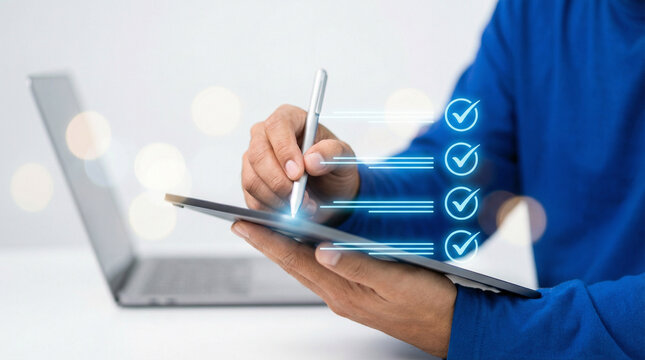Man in a blue shirt uses a digital stylus on a tablet to check off tasks in a virtual checklist.