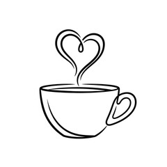 A minimalist line art illustration of a steaming cup of coffee with a heart shaped steam rising from it